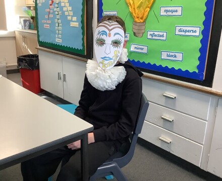 Shakespeare Day Pupil in Ruff and Mask
